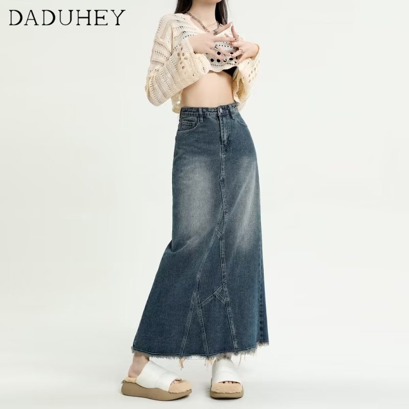 daduhey-2023-summer-women-new-korean-style-ins-retro-raw-edge-denim-skirt-niche-high-waist-a-line-skirt-package-hip-skirt