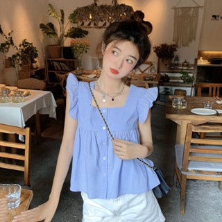 เสื้อแขนกุด คอสี่เหลี่ยม แต่งระบาย ขนาดเล็ก แฟชั่นฤดูร้อน สไตล์ฝรั่งเศส สําหรับผู้หญิง