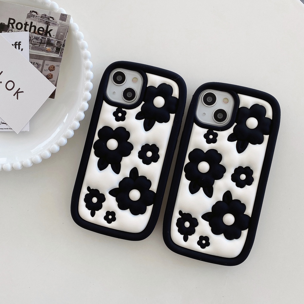 ใหม่-เคสโทรศัพท์มือถือ-ซิลิโคนนิ่ม-กันกระแทก-ลายการ์ตูนดอกไม้น่ารัก-สีดํา-สําหรับ-iphone-14-14pro-max-13-12pro-max-13pro-max-11