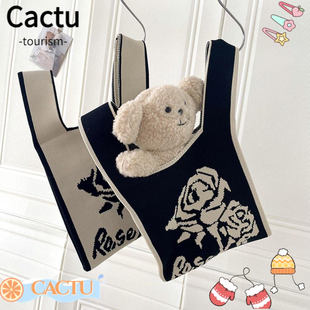 cactu-กระเป๋าถือ-กระเป๋าช้อปปิ้งลําลอง-ผ้าถัก-ขนาดเล็ก-ลายดอกกุหลาบ-แฟชั่นสําหรับผู้หญิง