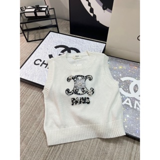 YTMV CEL Beaute 2023 autumn and winter New letter embroidery logo Pearl decorative design fashion all-match knitted top womens vest