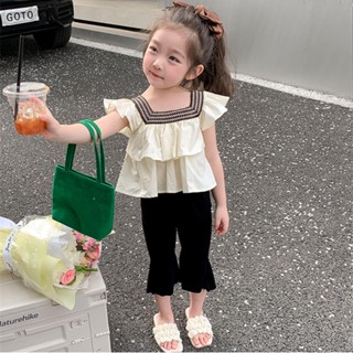 พร้อมส่ง ขายดี ชุดเสื้อครอป และกางเกงขายาว แต่งระบาย สไตล์เกาหลี และญี่ปุ่น แฟชั่นฤดูร้อน สําหรับเด็กผู้หญิง
