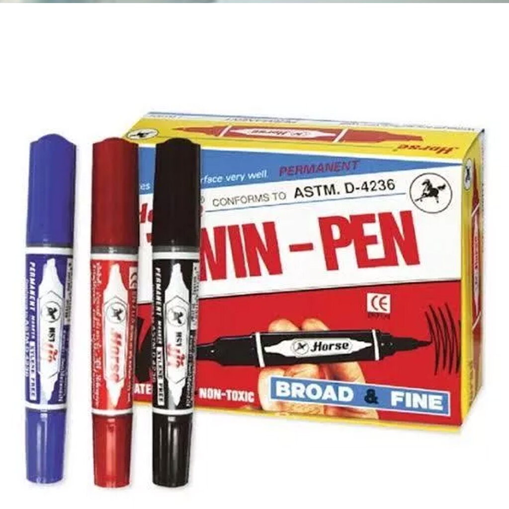 lot-ใหม่ล่าสุด-ปากกาเคมี-2-หัว-ตราม้า-ลบไม่ออก-permanent-marker