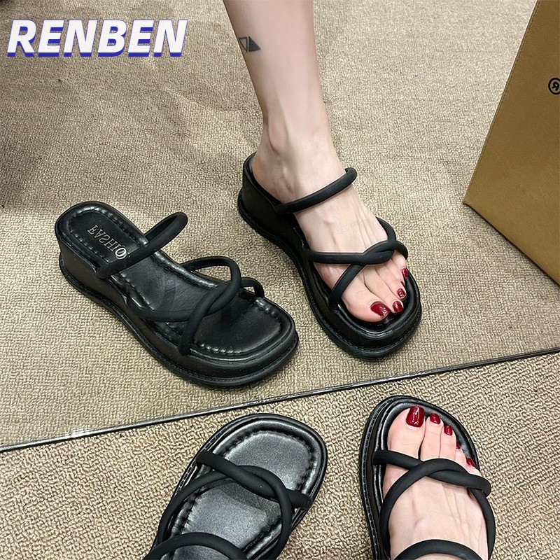 renben-เค้กฟองน้ําหนา-soled-รองเท้าแตะผู้หญิงด้านนอกสวมใส่ฤดูร้อนใหม่สไตล์เกาหลีแฟชั่นที่เรียบง่ายหนึ่งคําลิ่มรองเท้าแตะและรองเท้าแตะสําหรับผู้หญิง