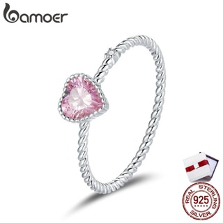 bamoer Real 925 Sterling Silver Pink Love CZ Ring For Fashion Women Cute Fine Jewelry Wedding Accessories Gift BSR157