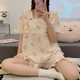 Summer New Peach Pattern Zoubu Pajamas Womens short-sleeved shorts sweet simple comfortable breathable home clothes