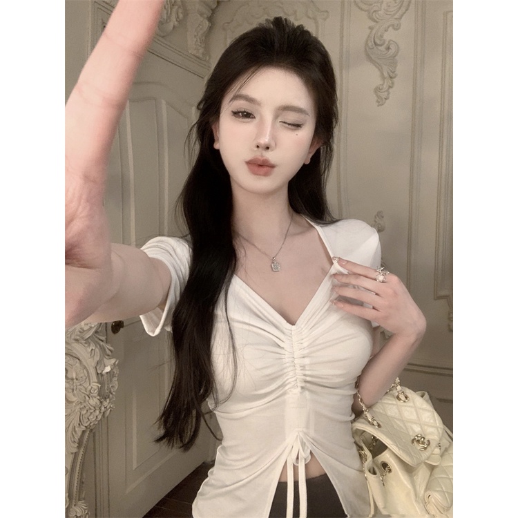 แนะนําแฟชั่น-เสื้อยืดคอวี-แขนสั้น-แบบผูกเชือก-จับจีบ-รัดรูป-แฟชั่นฤดูร้อน-สําหรับผู้หญิง