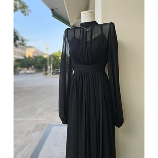 Spring Womens 2023 New Long Dress French High-end Elegant Royal Sister-style Black Waist Dress Summer