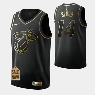 เสื้อกีฬาบาสเก็ตบอล ลาย NBA Miami Heat # 14 Tyler Herro Expressed Retro Edition Swingman Jerseys สีดํา สีทอง สําหรับผู้ชาย 874391