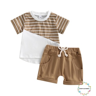 Babyclothes- ชุดเสื้อยืด แขนสั้น ลายทาง และกางเกงขาสั้น ยืดหยุ่น พร้อมกระเป๋า แฟชั่นฤดูร้อน สําหรับเด็กผู้ชาย 2 ชิ้น