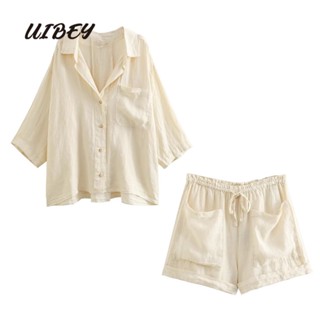 Uibey เสื้อเชิ้ตคอปก มีกระเป๋า ทรงหลวม + กางเกงขาสั้น 7769