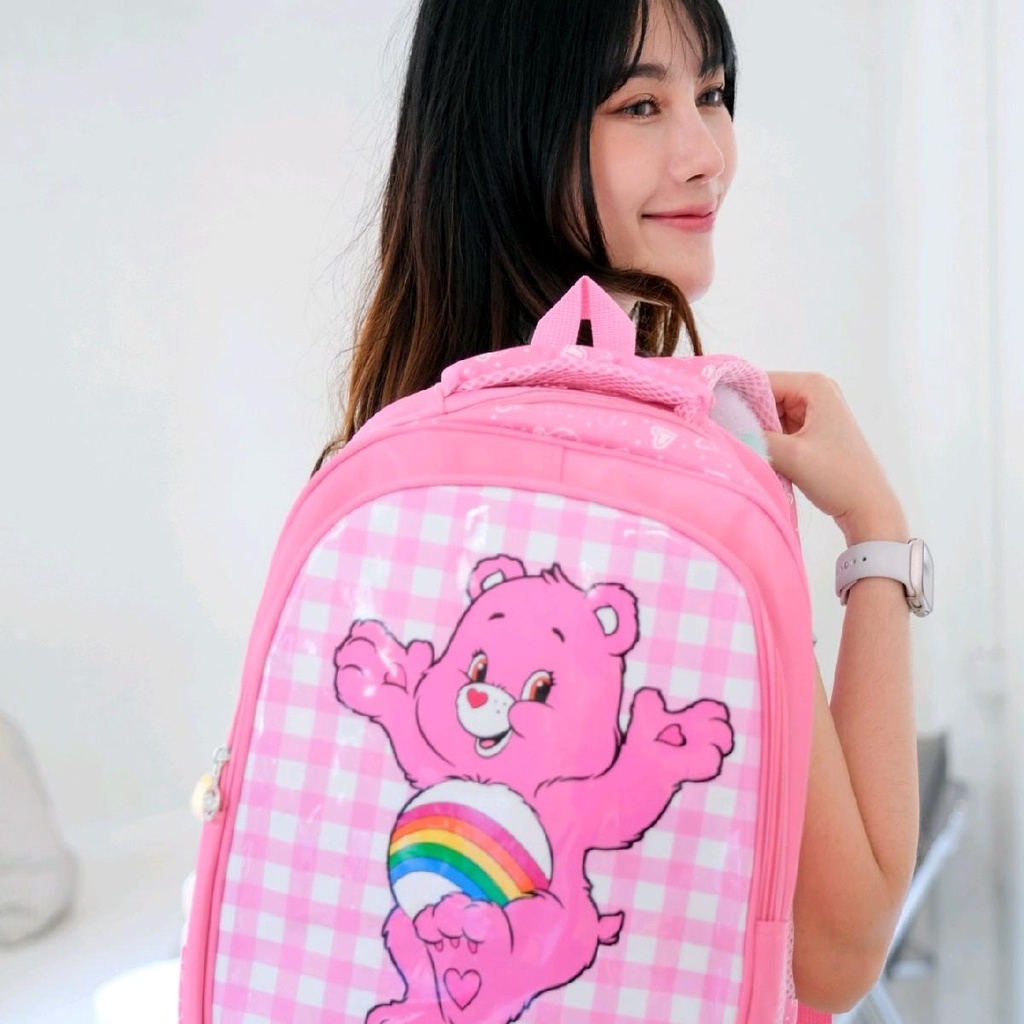 pinkกระเป๋าเป้ลายหมีแคร์แบร์-ลายคมชัด-ขนาด16นิ้วใส่a4ได้-มีหลากหลายลายให้เลือก