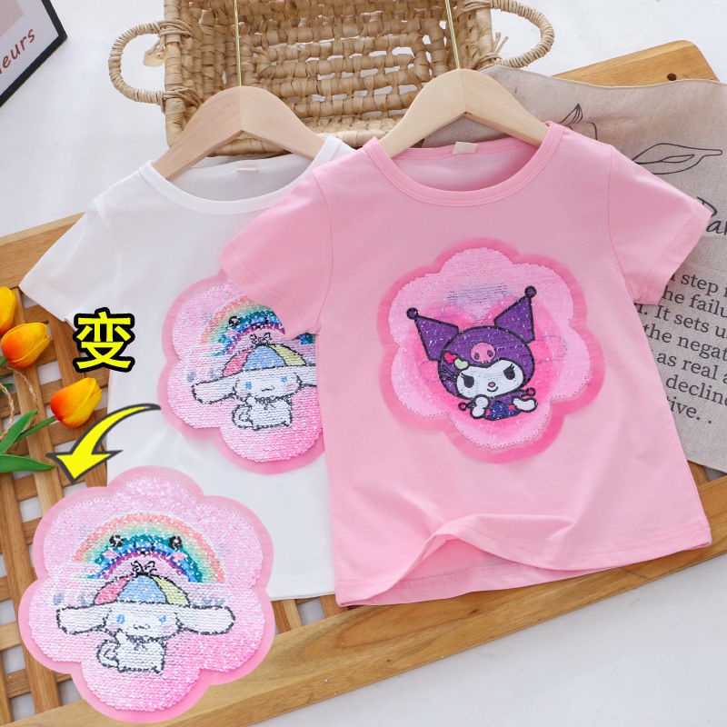 เสื้อยืดแขนสั้น-ผ้าฝ้าย-พิมพ์ลาย-sanrio-kuromi-แฟชั่นฤดูร้อน-สําหรับเด็ก