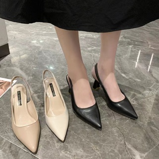 ใหม่ รองเท้าผู้หญิง เวอร์ชั่นเกาหลี นู้ด ภาษาฝรั่งเศสคำ ชี้ ส้นสูง หนึ่งคำกับส้นหนา รองเท้าเดี่ยว รองเท้าแตะเปล่า