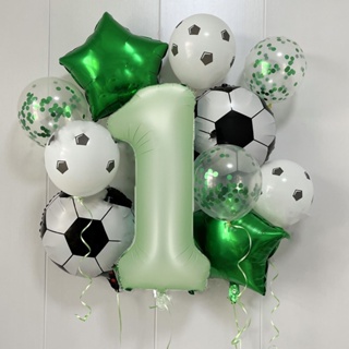 Mix12 ชิ้น 18 นิ้ว ฟุตบอล 40 นิ้ว สีเขียวมะกอก ฟอยล์ ตัวเลข ลูกโป่ง ชุดเด็กผู้ชาย วันเกิด ตกแต่ง ลูกโลก ฟุตบอล กีฬา กิจกรรม โปรดปราน บอล