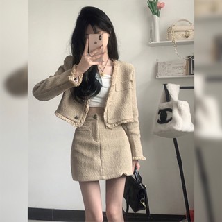 [Two-piece Suit] Spice Girls Design Tassel V-neck Short Jacket Womens High Waist Slim Skirt