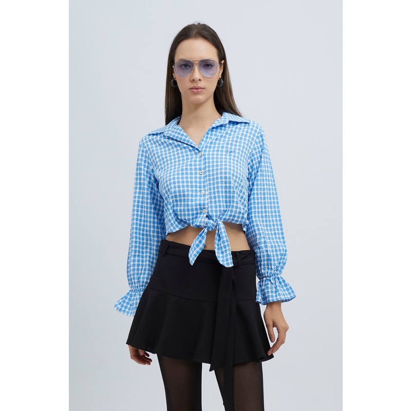 esp-เสื้อเชิ้ตเบลาส์ลายตาราง-ผู้หญิง-สีฟ้า-plaid-shirt-blouse-with-bow-detail-5777