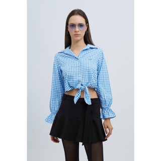 ESP เสื้อเชิ้ตเบลาส์ลายตาราง ผู้หญิง สีฟ้า | Plaid Shirt Blouse with Bow Detail | 5777