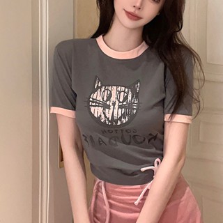 เสื้อยืดแขนสั้น พิมพ์ลายการ์ตูนตัวอักษร สไตล์เกาหลี สําหรับผู้หญิง MC 1V5B