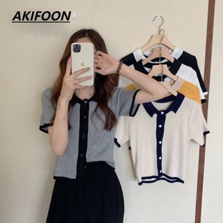 AKIFOON #47048 เสื้อไหมพรมคอปกแขนสั้น เอวจั๊ม  แนวมินิมอลน่ารักสไตล์เกาหลีมากมี5สี