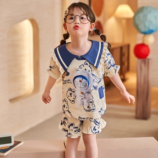 Summer new Doraemon short-sleeved cotton childrens pajamas Cute cartoon childrens home clothes