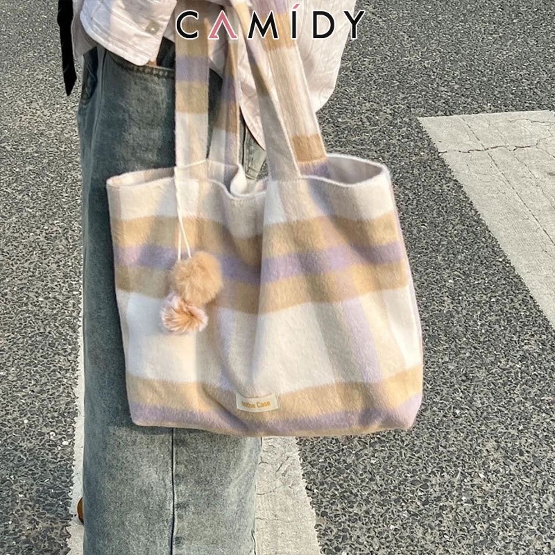 camidy-ต้นฉบับเรียบง่ายนักเรียนระดับวิทยาลัย-messenger-กระเป๋าหญิงความจุขนาดใหญ่ผ้าขนสัตว์ลายสก๊อตไหล่เดียวหญิงกระเป๋าเดินทางอเนกประสงค์