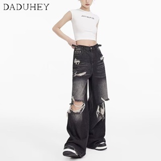 DaDuHey🎈 New American Style Ins High Street Hip Hop Ripped Jeans Niche High Waist Loose Wide Leg Casaul Mop Pants