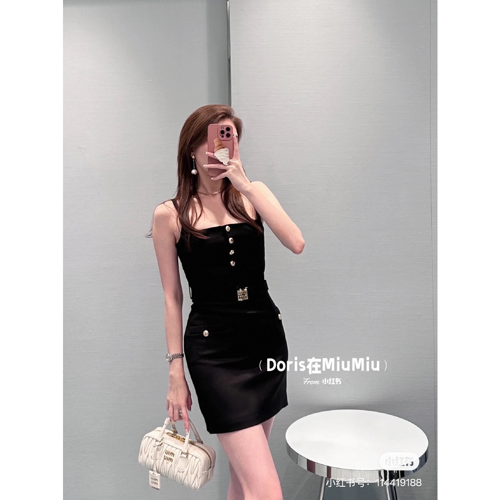 xuxk-miu-miu-23-spring-and-summer-new-button-letter-belt-decorative-design-classic-small-black-dress-cool-wind-dress-for-women-slimming