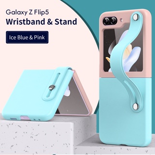 เคสโทรศัพท์มือถือ พับได้ พร้อมสายคล้องข้อมือ สีตัดกัน สําหรับ Samsung Galaxy Z Flip5 Z Flip 5 Flip Z 5