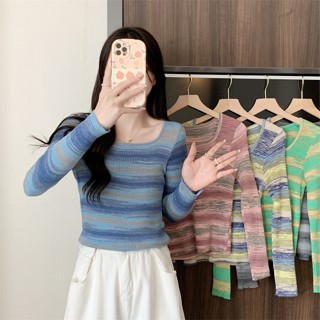 เสื้อแขนยาว ผ้าวูลถัก ลายทาง ไล่โทนสี 6 เส้น เข้ารูป แฟชั่นฤดูใบไม้ร่วง สําหรับผู้หญิง JY9