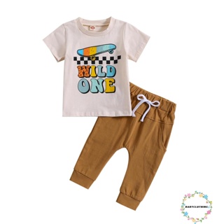 Babyclothes- ชุดเสื้อแขนสั้น พิมพ์ลายตัวอักษร และกางเกง สีพื้น แบบผูกเชือก แฟชั่นฤดูร้อน สําหรับเด็กผู้ชาย