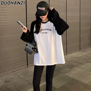 Duohanzi เสื้อยืด แขนยาว ทรงหลวม สีพื้น สําหรับผู้หญิง