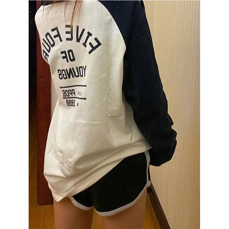 เสื้อยืดแขนยาว-พิมพ์ลาย-สีคอนทราสต์-แฟชั่นฤดูใบไม้ร่วง-สไตล์เกาหลีเรโทร-สําหรับผู้หญิง-nxqb