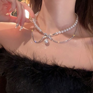Romantic escape ~ double bow pearl necklace womens style light luxury minority elegant expensive clavicle chain necklace trend