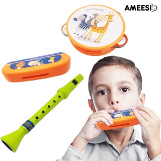 Ameesi ขลุ่ยฮาร์โมนิก้า ลายการ์ตูนสัตว์ เครื่องดนตรีแทมบูรีน ของเล่นสําหรับเด็ก 3 ชิ้น ต่อชุด