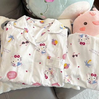 Kawaii Sanrio ชุดนอน เสื้อแขนยาว กางเกงขายาว ทรงหลวม ลายการ์ตูน Hello Kitty น่ารัก สําหรับเด็กผู้หญิง
