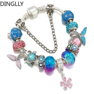 Dinglly สีชมพูและสีฟ้า Fishtail Charm Bracelrts สําหรับผู้หญิงเห็ดและเต่าลูกปัดสีเงินสร้อยข้อมือเครื่องประดับ