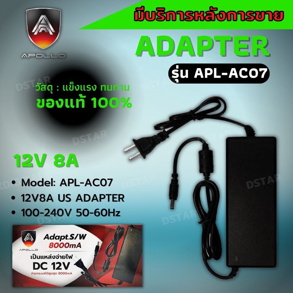 อะแดปเตอร์ Adapter 12V 8A 8000mA หัว5.5x2.5mm Apollo APL-AC07 DC สำหรับ ...
