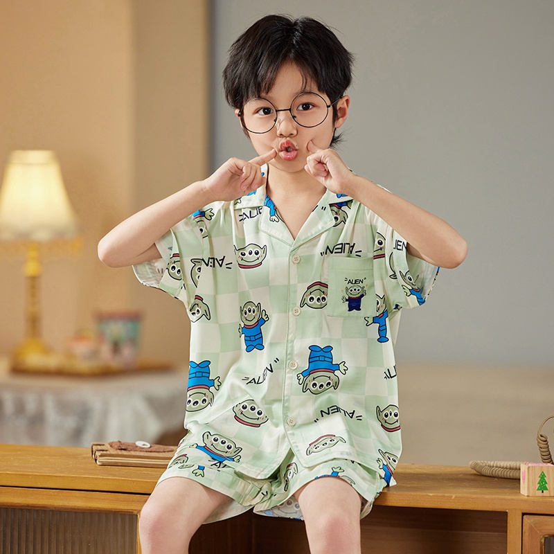 new-monster-short-sleeve-silk-kids-pajamas-summer-childrens-cute-cartoon-home-clothes