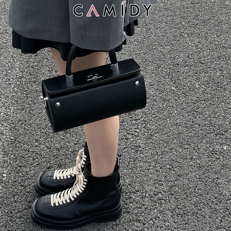 camidy-รุ่นใหม่ของเกาหลีออกแบบเฉพาะระดับ-high-end-กระเป๋าทรงกระบอกย้อนยุคสีดำหวานและเท่ห์กระเป๋าสะพายกระเป๋าถือผู้หญิง