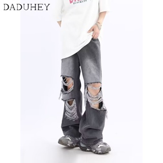 DaDuHey🎈 New High Waist Fashion Jeans Womens Casual Loose All-Match Retro Design Ripped Straight Wide Leg Mop Pants
