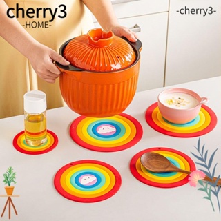 Cherry3 แผ่นซิลิโคนฉนวนกันความร้อน กันลื่น สีรุ้ง ทําความสะอาดง่าย สําหรับวางแก้วน้ํา บนโต๊ะอาหาร ตกแต่งบ้าน ห้องครัว