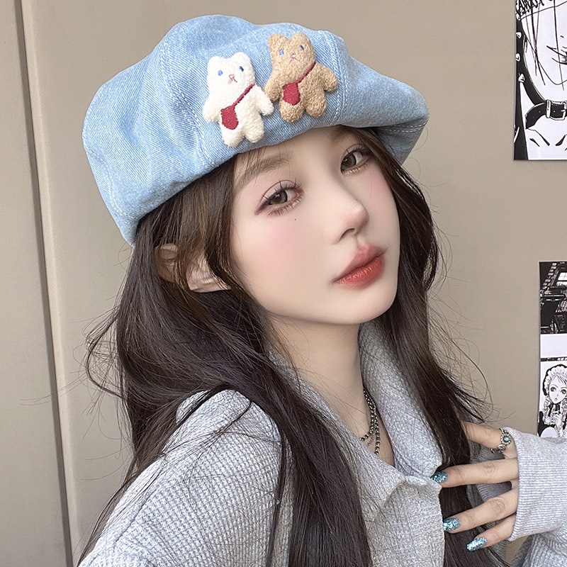 หมวกเบเร่ต์-ลายหมีน่ารัก-แฟชั่นฤดูใบไม้ร่วง-และฤดูหนาว-สไตล์เกาหลี-สําหรับผู้หญิง-2023