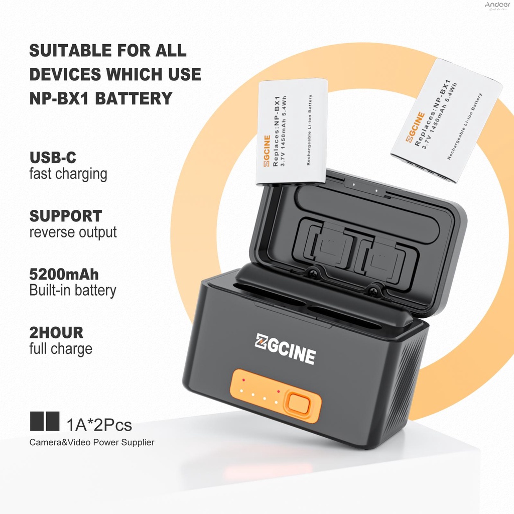 zgcine-ps-bx1-portable-camera-battery-fast-charging-case-5200mah-wireless-dual-battery-charger-with-type-c-port-2pcs-1450mah-5-4wh-batteries-replacement-for-np-bx1-battery