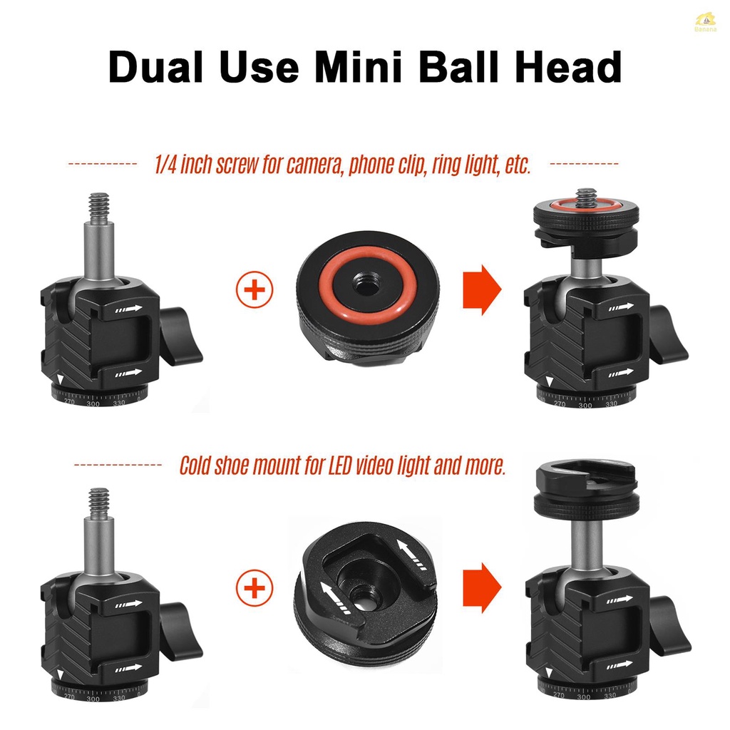 banana-pie-หัวบอล-ขนาดเล็ก-อเนกประสงค์-360-อะแดปเตอร์ขาตั้งกล้อง-อลูมิเนียมอัลลอย-หมุนได้-สกรู-1-4-นิ้ว-และเมาท์โคลด์ชู-พร้อมเมาท์โคลด์ชู-แบบสองด้าน-สําหรับ-dslr