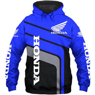 เสื้อกันหนาว มีฮู้ด พิมพ์ลาย Honda 3D "Teem Racing" สีฟ้า
