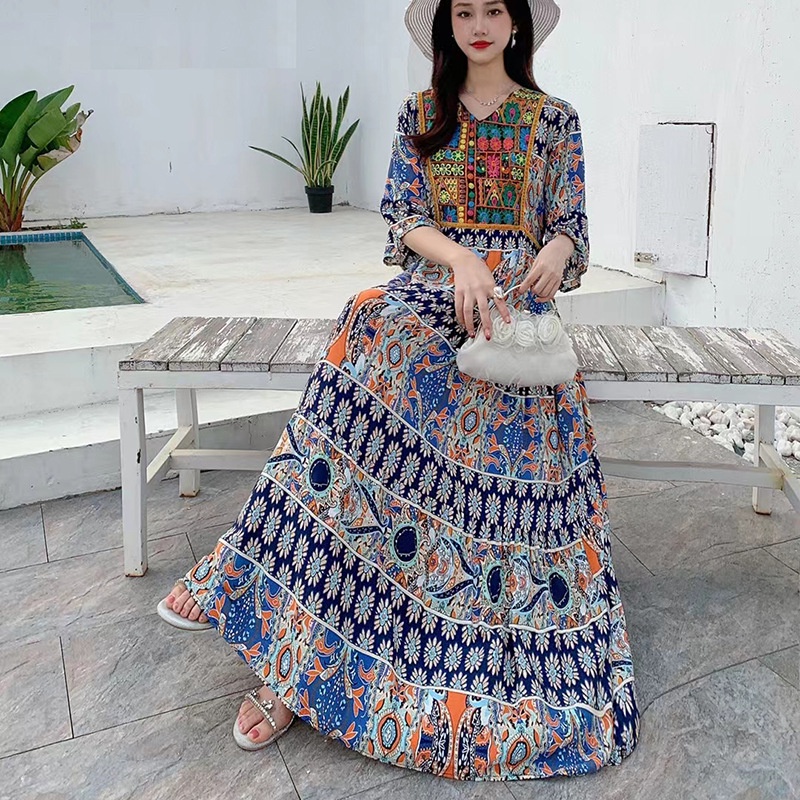 new-product-in-stock-southeast-asian-summer-ethnic-style-embroidered-dress-cotton-silk-floral-beach-dress-v-neck-big-swing-quality-assurance-fjaa