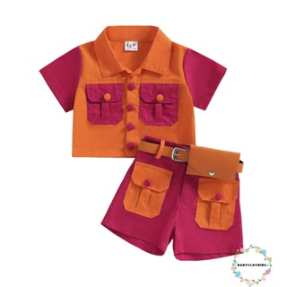 Babyclom- ชุดเสื้อเชิ้ต แขนสั้น สีตัดกัน กางเกงขาสั้น พร้อมเข็มขัด แฟชั่นฤดูร้อน สําหรับเด็กผู้หญิง 2 ชิ้น