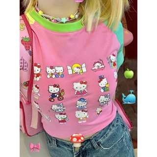 SANRIO เสื้อยืดคอกลม แขนสั้น ผ้าฝ้าย พิมพ์ลายกราฟฟิค Hello Kitty แฟชั่นฤดูร้อน สีชมพู สําหรับผู้หญิง Y2k