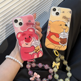 เคสโทรศัพท์มือถือ กันกระแทก ลายหมีดื่มเครื่องดื่ม พร้อมสายคล้องข้อมือ สองด้าน สําหรับ Apple IPhone 14 13 12 11 Pro Max